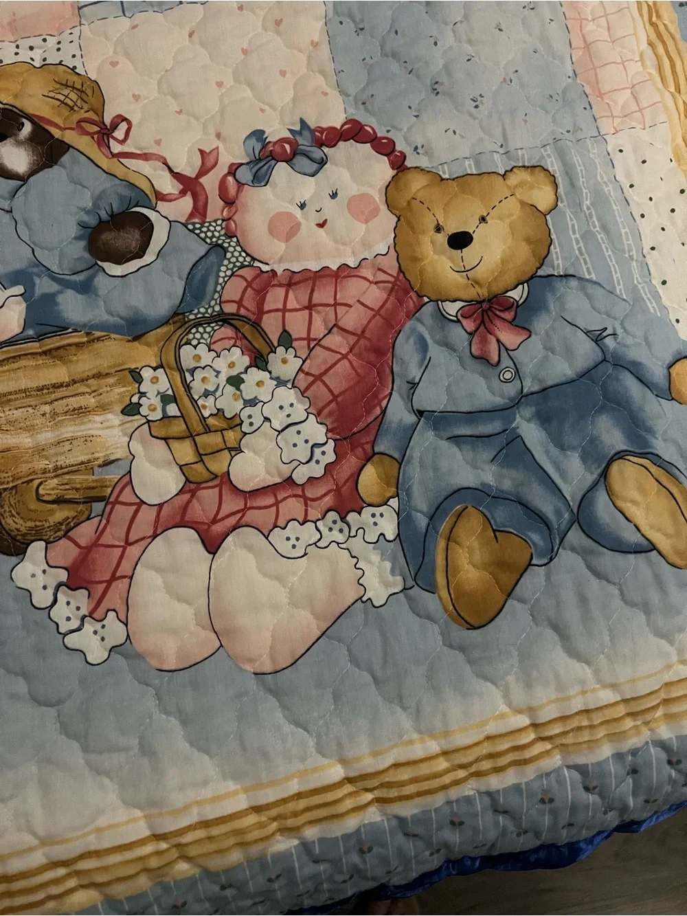 Children's Quilt Panel with Teddy Bears and Dolls - Blue/Pink with ditsy flowers